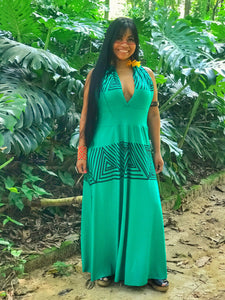 Vestido verde esmeralda com Grafismos Tikuna